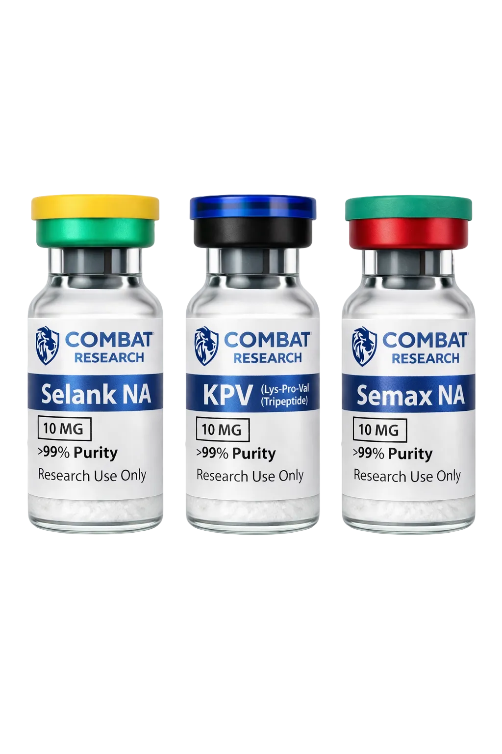 Three vials labeled 'Combat Research' with different contents on a white background