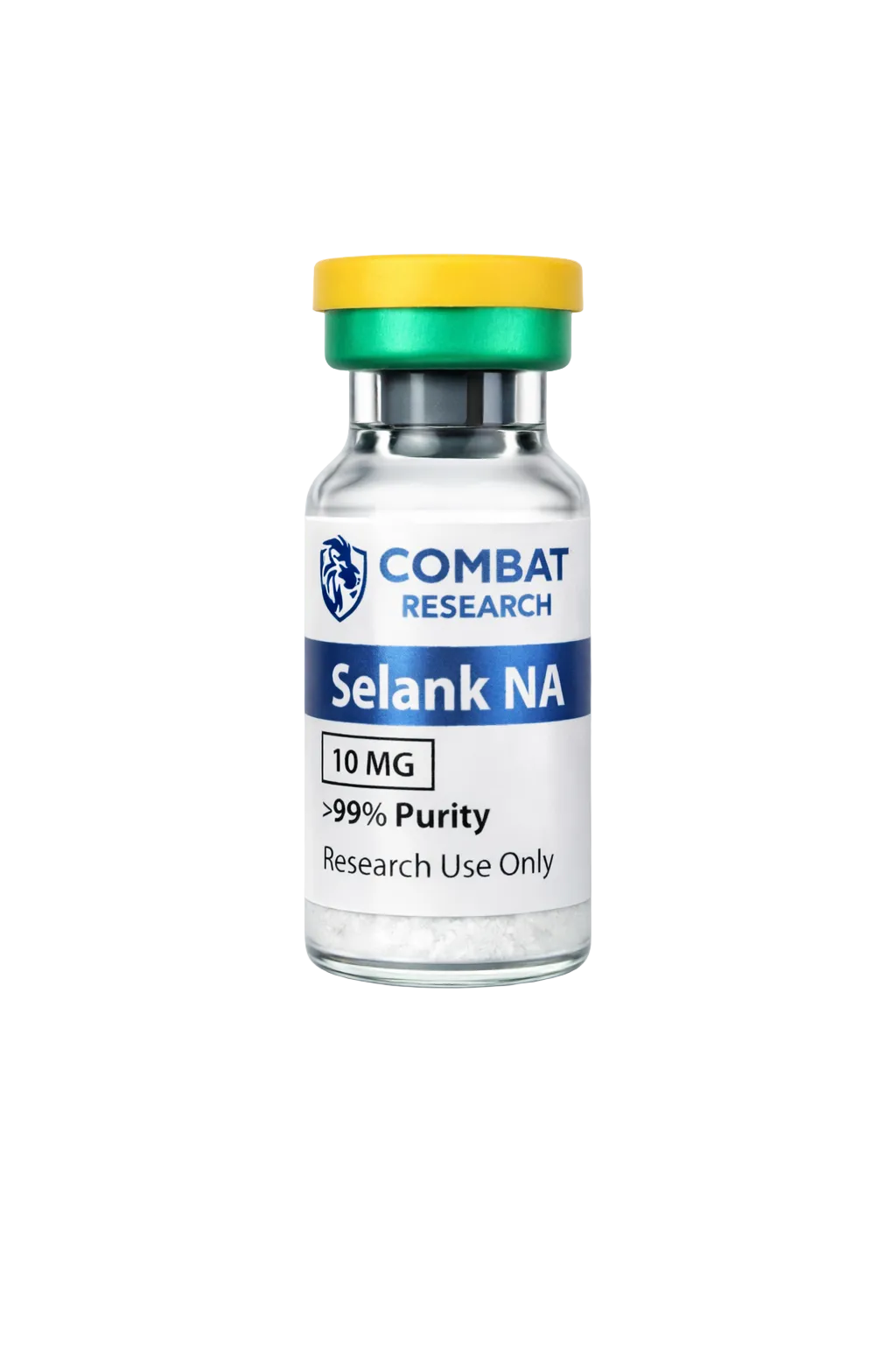 Vial labeled 'Selank NA' by Combat Research on a white background